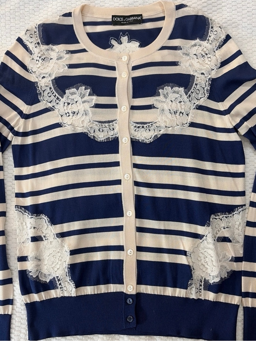 Dolce & Gabbana Navy and Cream Lace-Trim Button Cardigan